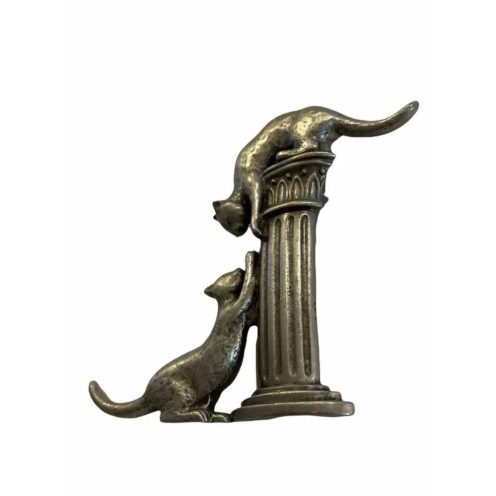 Vintage Signed JJ Lapel Pin Pewter Color Cats On Pedestal 2.5”